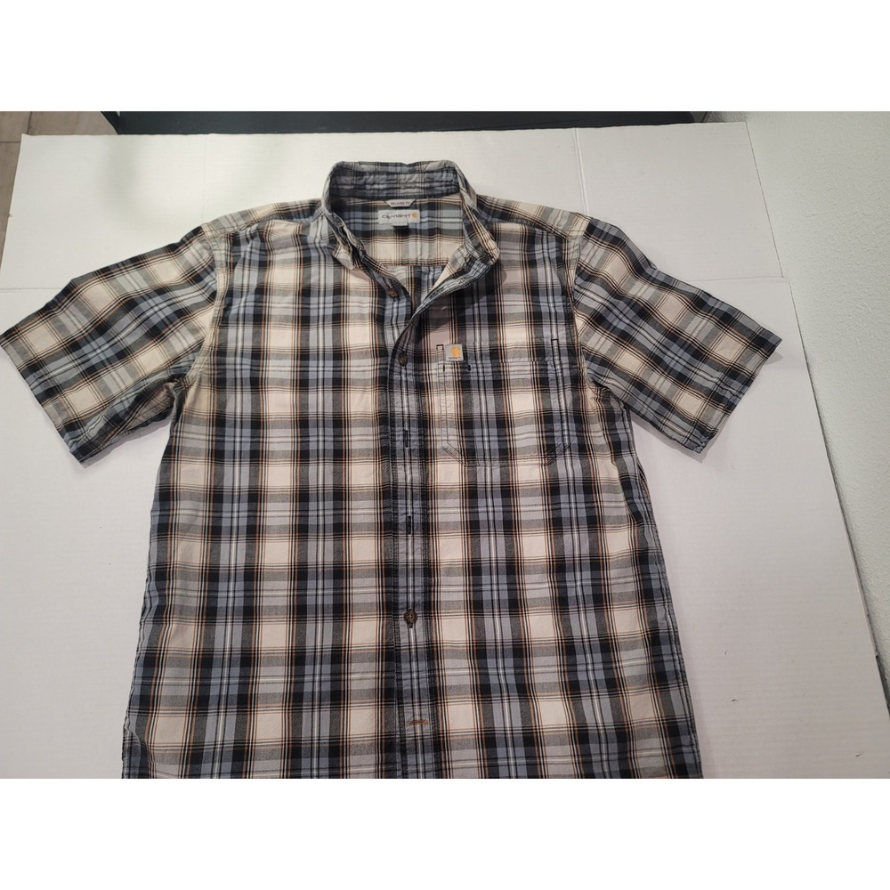 Carhartt relaxed fit short sleeve button up plaid shirt medium black brown